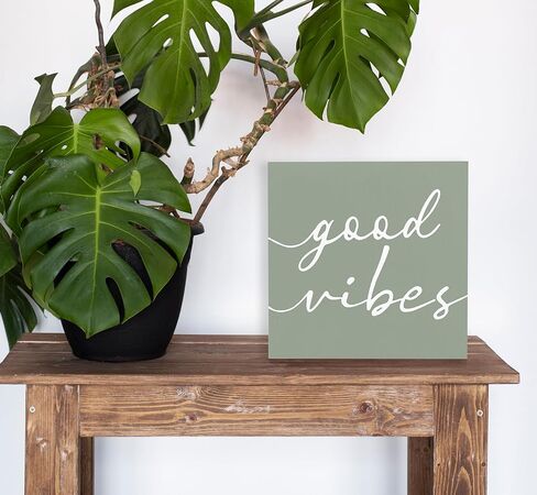 SRADMO Good Vibes Botanical Eucalyptus Leaves Wood Box Sign Desk Decor, Good Vibes Sign, Rustic Eucalyptus Leaves Wooden Block Box Sign Decoration For Home Office Shelf Table Decor in Kuwait