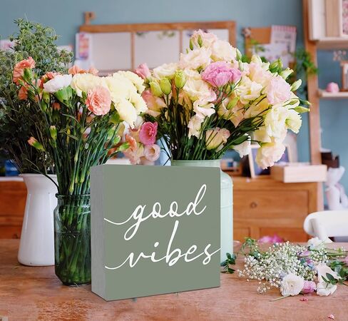 SRADMO Good Vibes Botanical Eucalyptus Leaves Wood Box Sign Desk Decor, Good Vibes Sign, Rustic Eucalyptus Leaves Wooden Block Box Sign Decoration For Home Office Shelf Table Decor in Kuwait