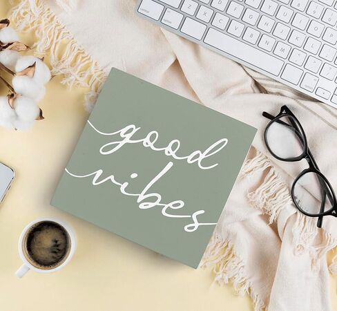 SRADMO Good Vibes Botanical Eucalyptus Leaves Wood Box Sign Desk Decor, Good Vibes Sign, Rustic Eucalyptus Leaves Wooden Block Box Sign Decoration For Home Office Shelf Table Decor in Kuwait