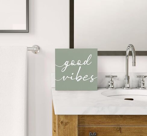 SRADMO Good Vibes Botanical Eucalyptus Leaves Wood Box Sign Desk Decor, Good Vibes Sign, Rustic Eucalyptus Leaves Wooden Block Box Sign Decoration For Home Office Shelf Table Decor in Kuwait