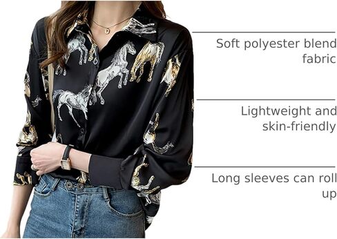 قمصان نسائية بأزرار سفلية ورقبة على شكل حرف V وأكمام طويلة وبلوزات علوية كاجوال مطبوعة على شكل حصان in Kuwait