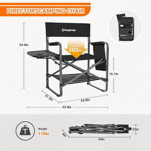 KingCamp Padded Outdoor Folding Director Chair with Side Table, Integrated Cupholder, and Pockets for Camping, Sporting Events, and Picnics, Black in Saudi Arabia