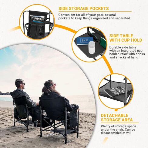 KingCamp Padded Outdoor Folding Director Chair with Side Table, Integrated Cupholder, and Pockets for Camping, Sporting Events, and Picnics, Black in Saudi Arabia