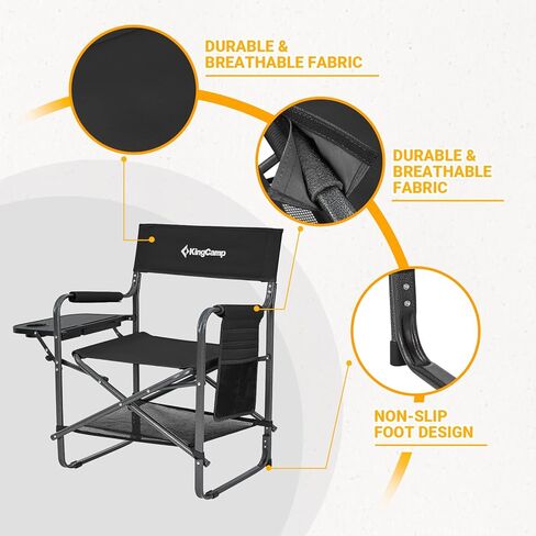 KingCamp Padded Outdoor Folding Director Chair with Side Table, Integrated Cupholder, and Pockets for Camping, Sporting Events, and Picnics, Black in Saudi Arabia
