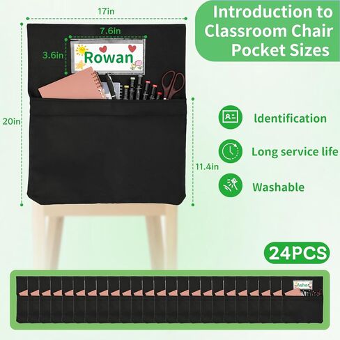 Chair Pockets for Classroom, 20 x 17 Inch Extra Large Seat Sacks with Name Tags, Heavy-Duty Oxford Fabric Chair Organizers for School, Home, Office – Black (24 PCS) in Saudi Arabia