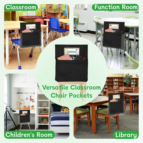 Chair Pockets for Classroom, 20 x 17 Inch Extra Large Seat Sacks with Name Tags, Heavy-Duty Oxford Fabric Chair Organizers for School, Home, Office – Black (24 PCS) in Saudi Arabia