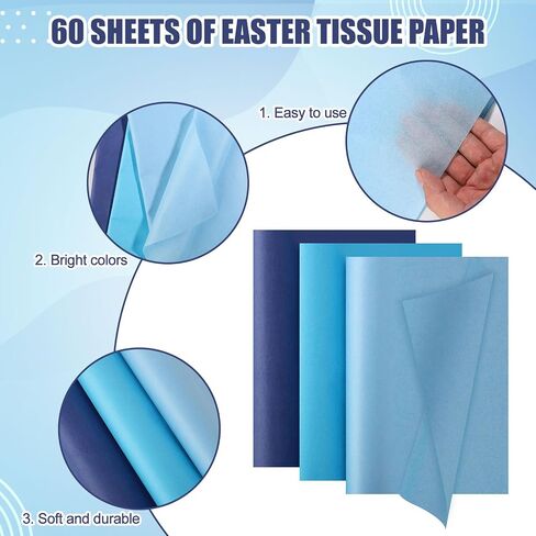 60 Sheets Gradient Blue Wrapping Paper, 3 Colors, 19.69x13.78 inches, Gift Wrap Tissue Paper for Christmas, Birthday, Party Decoration in Saudi Arabia