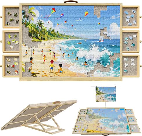 1500 Pcs Puzzle Board with 6 Drawers & Cover, Wooden Puzzle Table with Non-Slip Felt，Portable Jigsaw Wood Table with Handle 35"x26.1" in Saudi Arabia