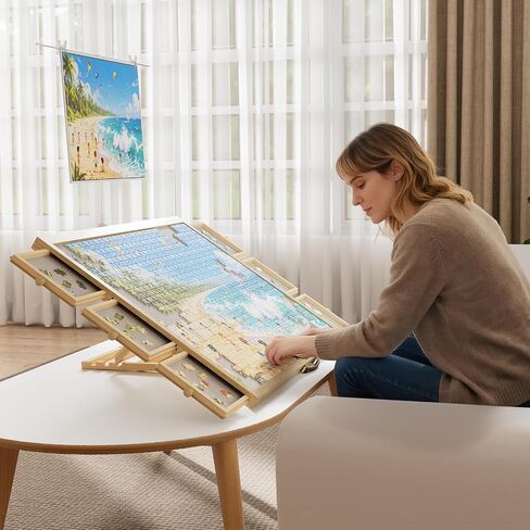 1500 Pcs Puzzle Board with 6 Drawers & Cover, Wooden Puzzle Table with Non-Slip Felt，Portable Jigsaw Wood Table with Handle 35"x26.1" in Saudi Arabia