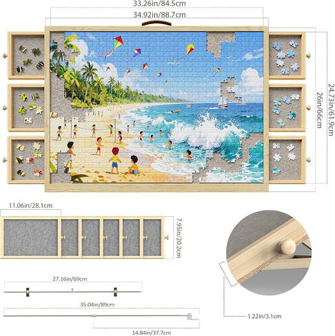 1500 Pcs Puzzle Board with 6 Drawers & Cover, Wooden Puzzle Table with Non-Slip Felt，Portable Jigsaw Wood Table with Handle 35"x26.1" in Saudi Arabia
