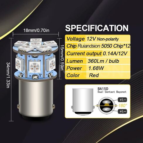 Ruiandsion 2 قطعة 1157 BAY15D مصابيح LED 12 فولت خيوط مزدوجة فائقة السطوع 5050 12SMD مصباح LED أبيض للنسخ الاحتياطي للأضواء العكسية وأضواء الفرامل الخلفية، غير قطبية in Kuwait