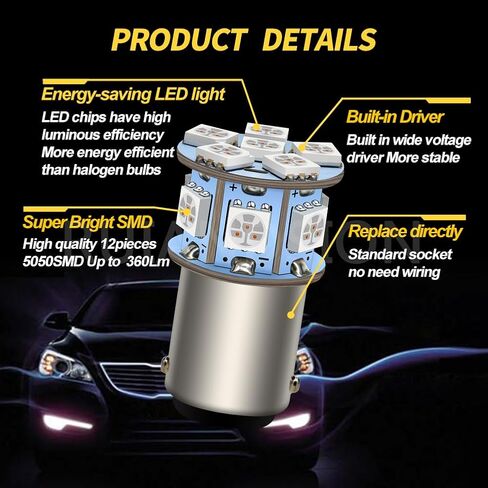 Ruiandsion 2 قطعة 1157 BAY15D مصابيح LED 12 فولت خيوط مزدوجة فائقة السطوع 5050 12SMD مصباح LED أبيض للنسخ الاحتياطي للأضواء العكسية وأضواء الفرامل الخلفية، غير قطبية in Kuwait