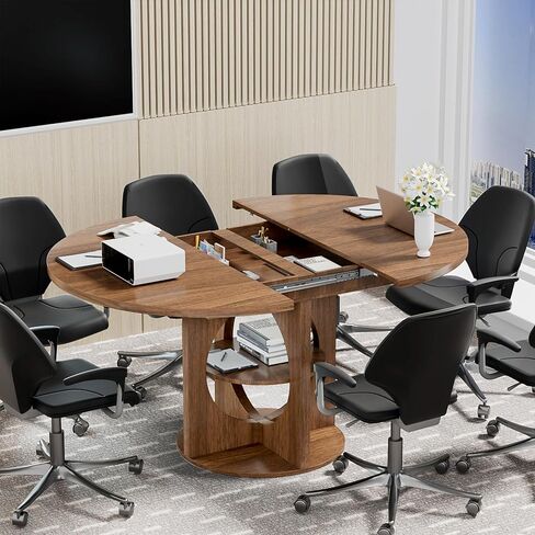 Black Extendable Round Conference Room Table for 4-6, 43-59 Inch Oval Meeting Room Table with Storage, Wooden Circle Desk with Leaf, Space Saving, for Office, Conference Room, Boardroom, Seminar in Saudi Arabia