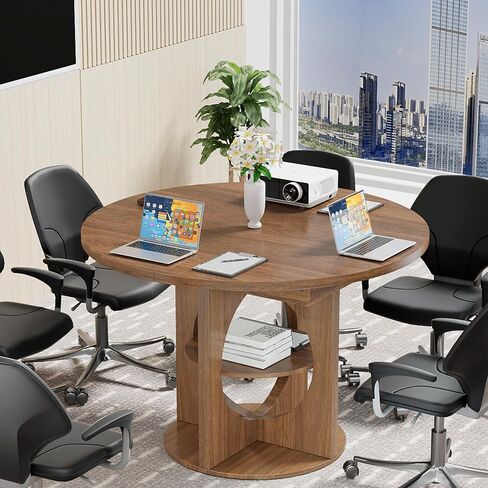 Black Extendable Round Conference Room Table for 4-6, 43-59 Inch Oval Meeting Room Table with Storage, Wooden Circle Desk with Leaf, Space Saving, for Office, Conference Room, Boardroom, Seminar in Saudi Arabia