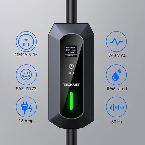 TECKNET EV Charger Level 1&2, 16A Electric Car Charger with NEMA 6-20 Plug, NEMA 5-15 Adapter, 25FT Cable, J1772 Electric Vehicle Charging Equipment Compatible with All EV Models in Saudi Arabia