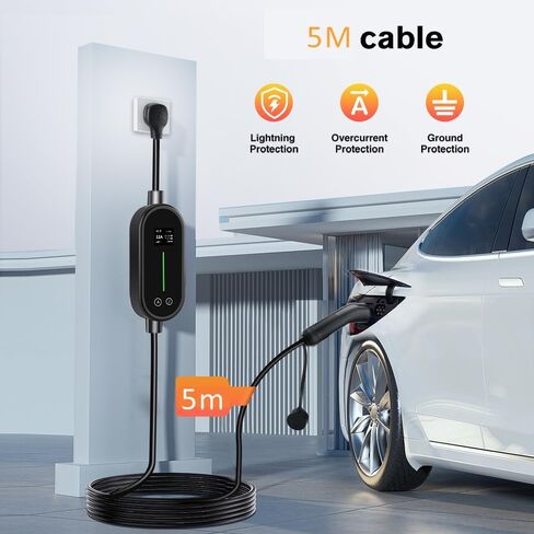 شاحن سيارة كهربائية محمول، شاحن محمول من النوع 1 EV - شحن سريع 16 أمبير 3.84 كيلو وات، كابل 5 متر IP65 مقاوم للماء متوافق مع المركبات الكهربائية من النوع 1، قابس أمريكي للمنزل والسفر in Kuwait