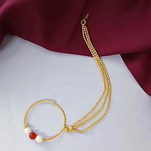 Efulgenz Indian Nose Rings Hoop with Chain Faux Pearl Nath Nathni Nose Pin Stud Fake Septum Ring Indian Bridal Jewelry for Wedding Nose Hoop Ring Non Piercing Body Jewelry for Women in Saudi Arabia