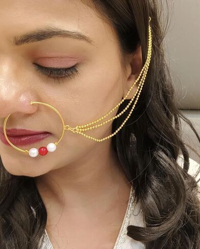 Efulgenz Indian Nose Rings Hoop with Chain Faux Pearl Nath Nathni Nose Pin Stud Fake Septum Ring Indian Bridal Jewelry for Wedding Nose Hoop Ring Non Piercing Body Jewelry for Women in Saudi Arabia