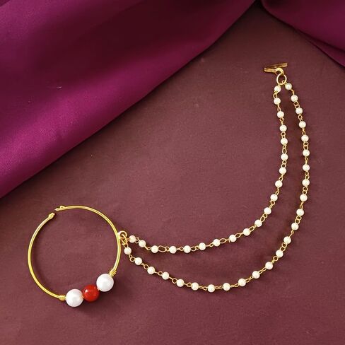 Efulgenz Indian Nose Rings Hoop with Chain Faux Pearl Nath Nathni Nose Pin Stud Fake Septum Ring Indian Bridal Jewelry for Wedding Nose Hoop Ring Non Piercing Body Jewelry for Women in Kuwait