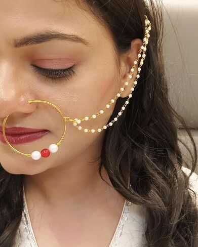 Efulgenz Indian Nose Rings Hoop with Chain Faux Pearl Nath Nathni Nose Pin Stud Fake Septum Ring Indian Bridal Jewelry for Wedding Nose Hoop Ring Non Piercing Body Jewelry for Women in Kuwait