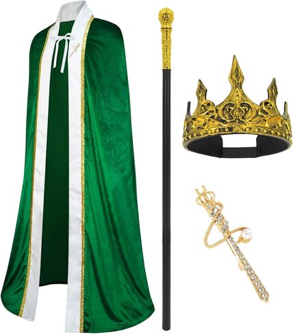 3 Pieces Halloween King Prince or Queen Robe Red Cloak Cape Crown Wand Costume Set with King Crown Headband in Saudi Arabia