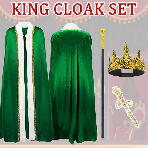 3 Pieces Halloween King Prince or Queen Robe Red Cloak Cape Crown Wand Costume Set with King Crown Headband in Saudi Arabia