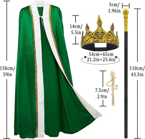 3 Pieces Halloween King Prince or Queen Robe Red Cloak Cape Crown Wand Costume Set with King Crown Headband in Saudi Arabia