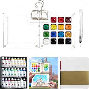 مجموعة ألوان مائية صغيرة من توبيوس مكونة من 28 قطعة، مجموعة ألوان مائية للجيب مكونة من 15 لوحة خشبية شبكية مع طلاء وفرشاة وكتاب رسم ومشبك نحاسي، مجموعة ألوان مائية للسفر للأطفال والبالغين المبتدئين (15 شبكة خشبية) in Kuwait