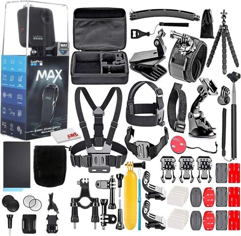 كاميرا الحركة GoPro MAX 360 المقاومة للماء - مع مجموعة ملحقات مكونة من 50 قطعة، شاشة تعمل باللمس - فيديو كروي بدقة 5.6K30 HD - صور بدقة 16.6 ميجابكسل 360 - استقرار البث المباشر بدقة 1080 بكسل - كل ما تحتاجه in Saudi Arabia