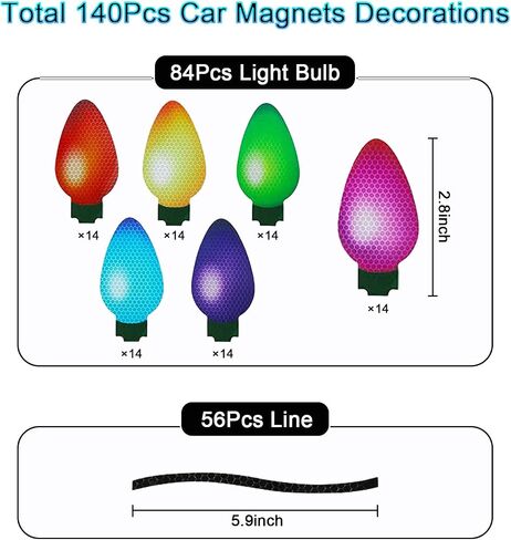 140Pcs Christmas Reflective Car Magnets Decoration Set 84 Colorful Reflective Bulb Light Magnets with 56 Lines for Refrigerator Garage Car Xmas Decor in Saudi Arabia