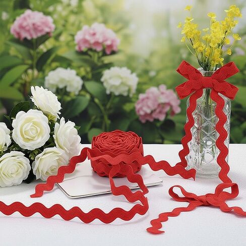 27.5 Yards Rick Rack Trim, 3/8 Inch Wide Red Wave Bending Fringe Trim, Braided Woven Zig Zag Ribbon for DIY Sewing Crafts, Wedding Dresses, Costumes, Party Decorations and Garment Making in Saudi Arabia