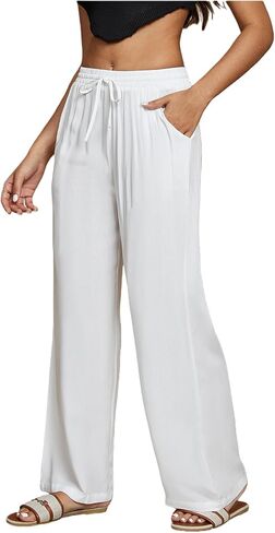 SHENHE Women's Wide Leg Palazzo Pants Drawstring Elastic Beach Vacation Travel Loose Trousers in Saudi Arabia