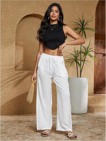 SHENHE Women's Wide Leg Palazzo Pants Drawstring Elastic Beach Vacation Travel Loose Trousers in Saudi Arabia