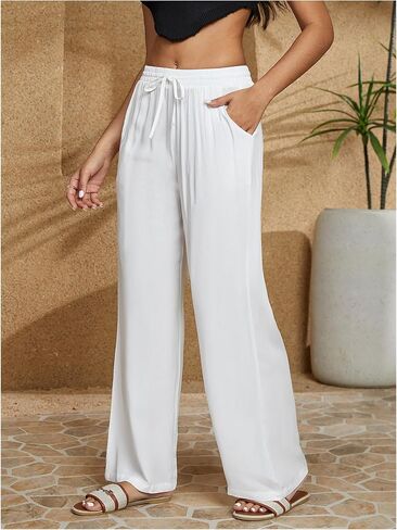 SHENHE Women's Wide Leg Palazzo Pants Drawstring Elastic Beach Vacation Travel Loose Trousers in Saudi Arabia