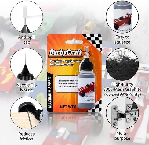 DerbyCraftPro Graphite Powder for Pinewood Cars 0.5oz | Powdered Graphite Lubricant Spray for Derby Wheels & Axles High-Purity 3000-Mesh |Multi-Use Lock Dry Lubricant|Use with Pinewood Weights Car Kit in Saudi Arabia