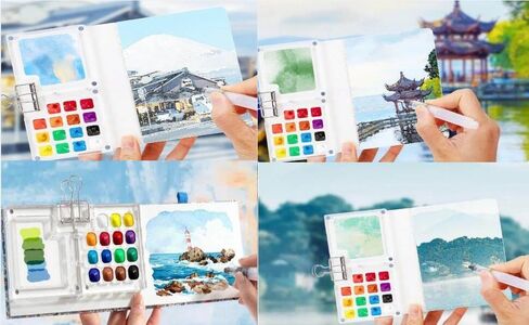 مجموعة ألوان مائية صغيرة من توبيوس مكونة من 28 قطعة، مجموعة ألوان مائية للجيب مكونة من 15 لوحة خشبية شبكية مع طلاء وفرشاة وكتاب رسم ومشبك نحاسي، مجموعة ألوان مائية للسفر للأطفال والبالغين المبتدئين (15 شبكة خشبية) in Kuwait