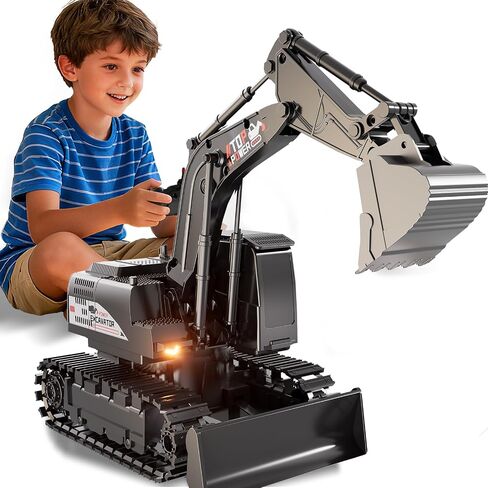 Remote Control Excavator for Boys 4-7, RC Excavator for Kids, 27 MHz Construction Trucks Vehicles Toys for Toddlers 1-3 3-5 4-7 with Metal Shovel and Light Birthday Boys Gifts in Kuwait