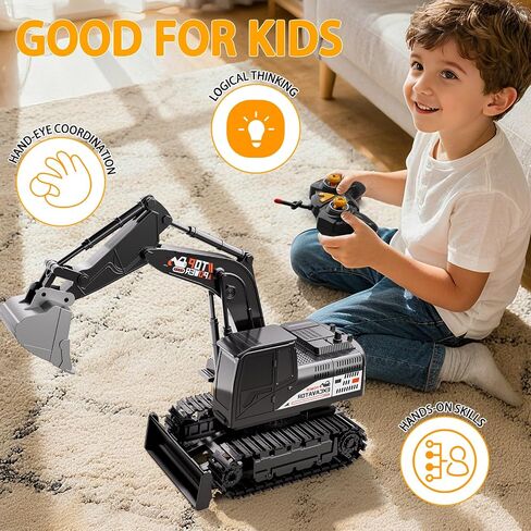 Remote Control Excavator for Boys 4-7, RC Excavator for Kids, 27 MHz Construction Trucks Vehicles Toys for Toddlers 1-3 3-5 4-7 with Metal Shovel and Light Birthday Boys Gifts in Kuwait