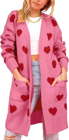 سترة صوفية من Yimoon Valentine للنساء على شكل قلب مفتوح من الأمام، سترة طويلة كبيرة الحجم منسوجة للارتداء الخارجي in Kuwait