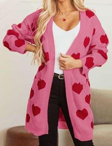 سترة صوفية من Yimoon Valentine للنساء على شكل قلب مفتوح من الأمام، سترة طويلة كبيرة الحجم منسوجة للارتداء الخارجي in Kuwait