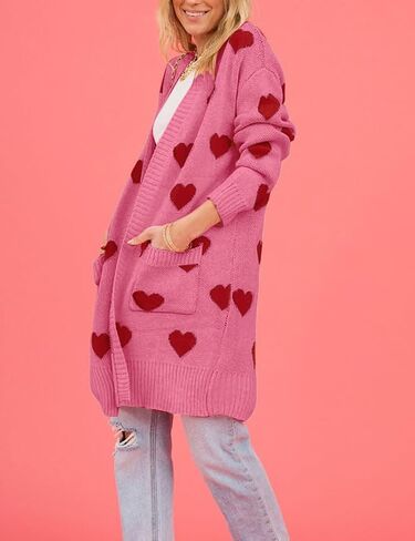 سترة صوفية من Yimoon Valentine للنساء على شكل قلب مفتوح من الأمام، سترة طويلة كبيرة الحجم منسوجة للارتداء الخارجي in Kuwait