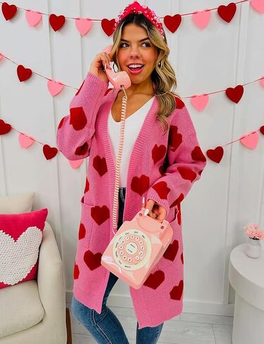 سترة صوفية من Yimoon Valentine للنساء على شكل قلب مفتوح من الأمام، سترة طويلة كبيرة الحجم منسوجة للارتداء الخارجي in Kuwait