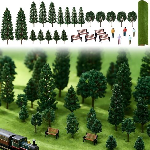 Soulchen 30 Pcs Model Trains Scenery Accessories Set 15.7"x 39" Model Grass Mat Mixed Miniature Trees Mini People Benches Railway Scene for Train Architecture Landscape Diorama DIY Crafts in Saudi Arabia
