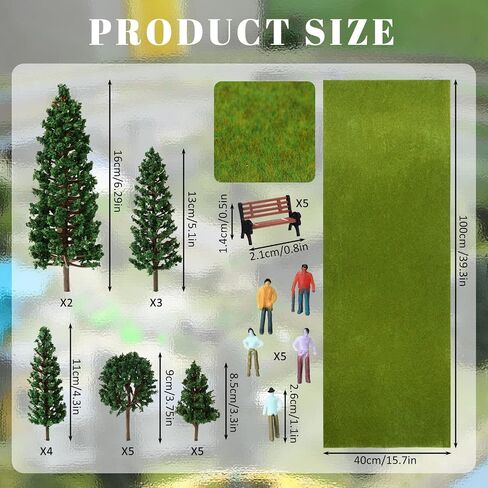 Soulchen 30 Pcs Model Trains Scenery Accessories Set 15.7"x 39" Model Grass Mat Mixed Miniature Trees Mini People Benches Railway Scene for Train Architecture Landscape Diorama DIY Crafts in Saudi Arabia