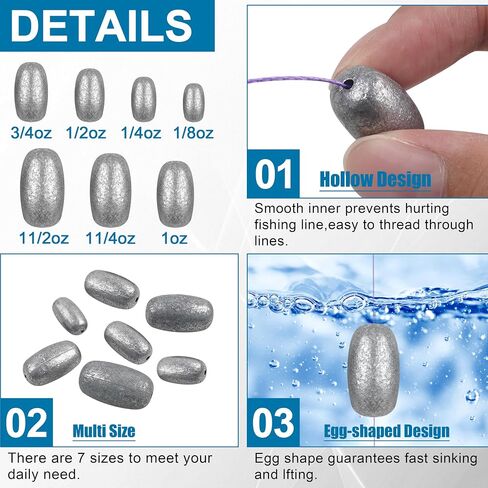 Egg Sinkers Fishing Weights Oval Shaped Fishing Weights Sinker Sliding Sinkers for Fishing Line Bass Casting Sinker Worm Weight Catfish Weights Fishing Sinkers for Saltwater Freshwater Fishing in Saudi Arabia