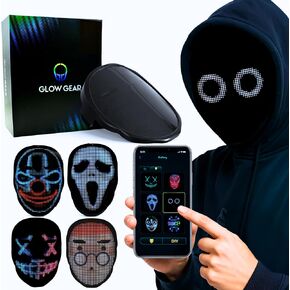 قناع Glow Gear Face Transforming LED Mask قناع تنكري مضيء يتم التحكم فيه من خلال التطبيق مع أكثر من 115 وجهًا متحركًا، وأنماط LED قابلة للتخصيص، وبطارية قابلة لإعادة الشحن، والمهرجانات، والهالوين، وملحقات DJ in Kuwait