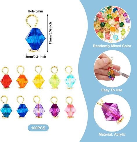 100Pcs Crystal Acrylic Dangle Charms Assorted Transparent Faceted Bicone Charms with Golden Iron Loops Min Small Jewelry Pendants for DIY Earrings Necklaces Bracelet Chain Jewelry Making Crafts in Saudi Arabia
