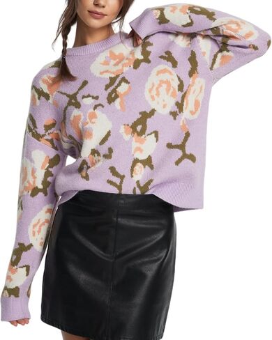 سترة المرأة الأزهار طويلة الأكمام Crewneck انخفاض الكتف نمط متماسكة سترة صوفية in Saudi Arabia