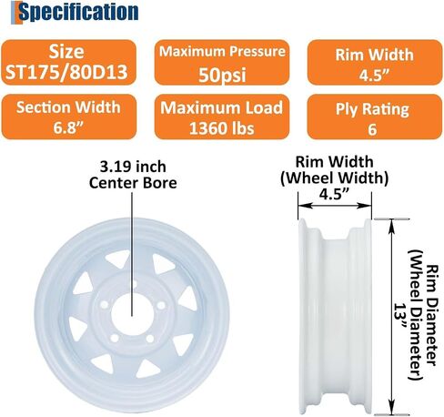 ST205/75D15 Trailer Tire and Wheel Assembly, Heavy-Duty Load Range C 6PR, 5 Lug White Modular Wheel, 15 Inch Tires for Utility/Boat/Camper Trailers, Set of 2 in Saudi Arabia