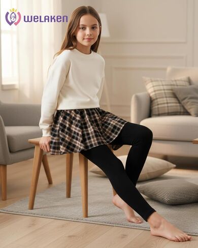 Girl's Leggings with Skirt Color-Blocked Stretch Plaid Skirted Pants in Kuwait